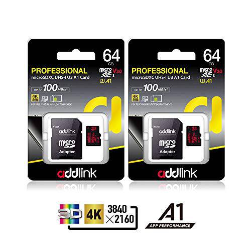 addlink 64GB 2 팩 마이크로 SD 카드 SDXC U3 V30 A1 메모리 카드 어댑터포함 Read 100MB S 고속 with