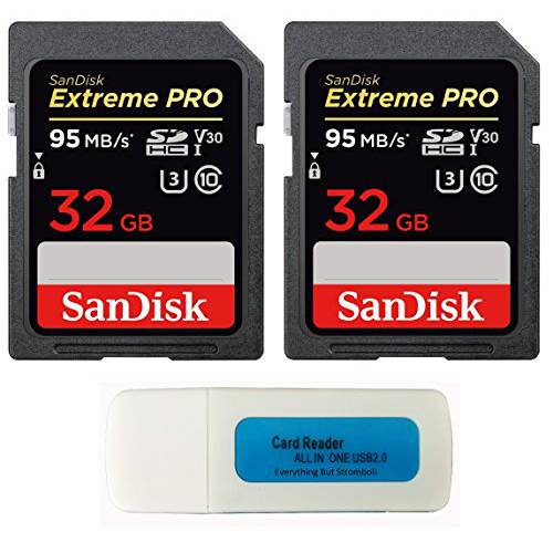 SanDisk 32GB (Two Pack) Extreme 프로 메모리 카드 works with Nikon D3400, D3300, D750, D5500, D5300, D500, AW130, W100, L840 디지털 DSLR 카메라 SDHC 4K V30 UHS-I with Everything But Stromboli 리더,리더기