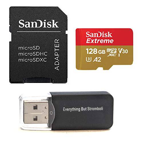 SanDisk 128GB 미니 SDXC Extreme 메모리 카드 Works with 고프로 히어로 7 Black, Silver, Hero7 화이트 UHS-1 U3 A2 with (1) Everything But Stromboli (TM) 미니 카드 리더,리더기