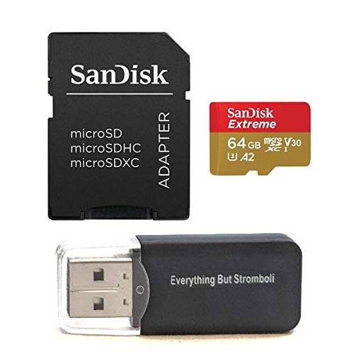 SanDisk 64GB 미니 SDXC 메모리 카드 Extreme Works with 고프로 히어로 7 Black, Silver, Hero7 화이트 UHS-1 U3 A2 with (1) Everything But Stromboli (TM) 미니 카드 리더,리더기