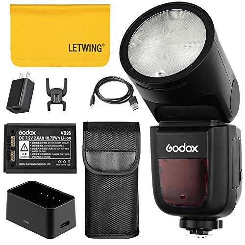 Godox V1-C 76Ws 2.4G TTL 라운드 샤워헤드 카메라 Flash 스피드라이트 호환가능한 for Canon, 1/ 8000 HSS, 480 풀 파워 Shots, 1.5 sec. Recycle Time, 충전식 2600mAh Li-ion Battery, 10 레벨 모형,조형 램프,등,수면등,취침등