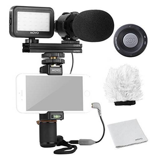 Movo 스마트폰 영상 RigKit V7 with 그립 Rig, 스테레오 Microphone, LED 라이트 and 무선 원격 - YouTube, TIK Tok, Vlogging 장비 for iPhone/ 안드로이드 스마트폰 영상 Kit