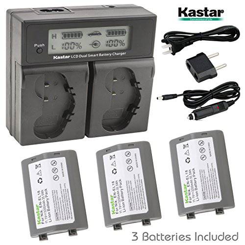 Kastar LCD 이중 스마트 고속 충전기+  배터리 3X for 니콘 EN-EL18, EN-EL18a, EN-EL18b, EN-EL18c, MH-26, MH-26a, MH26&  니콘 D4, D4S, D5, D6 디지털 SLR Camera,  니콘 MB-D12, D800, D800E 배터리 그립