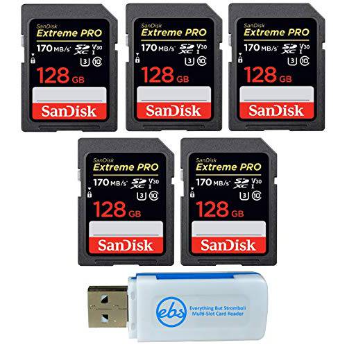 SanDisk (Five Pack) SD Extreme 프로 메모리 카드 Works with 디지털 DSLR 카메라 4K V30 UHS-I (SDSDXXY-GN4IN) 번들,묶음 with Everything But Stromboli (TM) Combo 리더,리더기