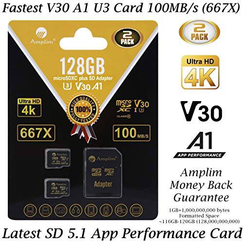 2-Pack 128GB 마이크로 SD SDXC 카드 Plus 어댑터 Pack - Amplim 2X 128 GB 마이크로SD 카드 V30 A1 U3 C10 Extreme 스피드 100MB S UHS-I TF XC microSDXC 메모리 카드 휴대폰, 스마트폰 닌텐도 갤럭시 Fire 고프로 호환