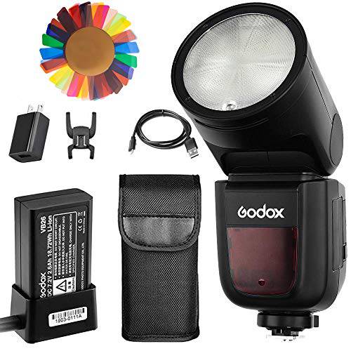 Godox V1-N 조명 for Nikon, 76Ws 2.4G TTL 라운드 미용실마네킹,머리마네킹 조명 스피드라이트, 1/ 8000 HSS, 480 풀 파워 Shots, 1.5s Recycle 시간, 2600mAh 리튬 배터리, 10 레벨 LED 모형,조형 램프,스탠드,조명,취침등, w/ Pergear 색 필터