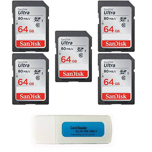 SanDisk 64GB SD 울트라 메모리 카드 (5 Pack) UHS-I Class 10 SD 메모리 카드 (SDSDUNR-064G-GN6IN) 번들,묶음 with (1) Everything But Stromboli Combo 카드 리더,리더기