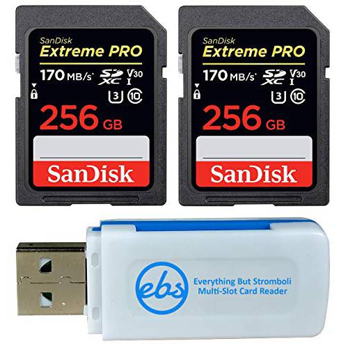 SanDisk 256GB SDXC Extreme 프로 메모리 카드 Two Pack (SDSDXXY-256G-GN4IN) 4K V30 UHS-I Class 10 번들,묶음 with (1) Everything But Stromboli Combo 리더,리더기