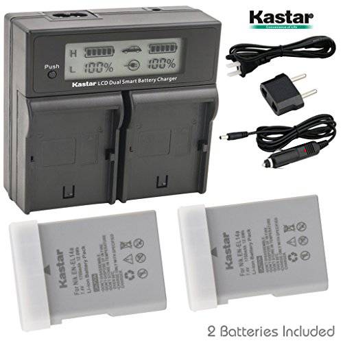Kastar 이중 LCD 충전기+  배터리 2-Pack for 니콘 EN-EL14a, EN-EL14, ENEL14A, ENEL14&  니콘 Coolpix P7000 P7100 P7700 P7800, D3100, D3200, D3300, D3400, D5100, D5200, D5300 DSLR, Df DSLR, D5600