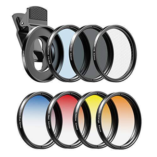 Apexel 52mm 필터 렌즈 Kit (Graduated 필터 Lens-Red 오렌지 Yellow Blue, CPL, ND32, 스타 Lens-6 Point) for 스마트폰 카메라 캐논 Nikon 소니 올림푸스