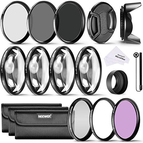 Neewer 58MM Complete 렌즈 필터 and 악세사리 Kit: 58MM 필터s(UV/ CPL/ FLD), Close-up 필터s(+ 1/+ 2/+ 4/+ 10), ND 필터s(ND2/ ND4/ ND8), 렌즈 Hoods, 렌즈 캡, 캡 키퍼 Leash, 필터 Pouches, Cloth
