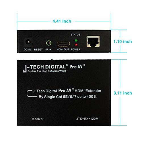 J-Tech 디지털 ProAV HDMI 연장 Over Single Cat5e/ 6 케이블 TCP/ IP 1080p IR 원격 - 이상 to 400’ [JTD-EX-120M]