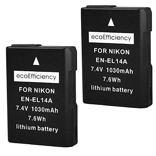 ecoEfficiency 2-Pack of EN-EL14, EN-EL14A 배터리+  배터리 충전 for Nikon D3500, D3100, D3200, D3300, D3400, D5100, D5200, D5300, D5500, D5600, DF, Coolpix P7000, P7100, P7700, P7800 카메라