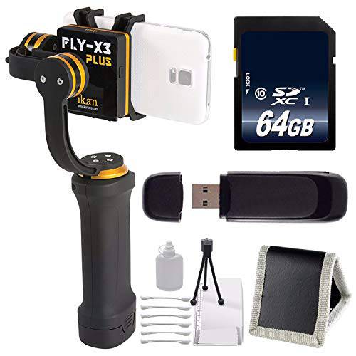ikan FLY-X3-Plus 3-Axis 스마트폰 짐벌 스테빌라이저 with 고프로 마운트+ 64GB 메모리 카드+  디럭스 스타터 Kit 번들,묶음