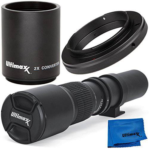 Ultimaxx 500mm/ 1000mm F/ 8 Multi-Coated 프리셋 망원 렌즈 키트 포함 Ultimaxx 2.0x Tele-Converter, T-Mount 어댑터 니콘 F-Mount&  극세사 클리닝 천 - 호환가능한 SLR/ DSLR 카메라
