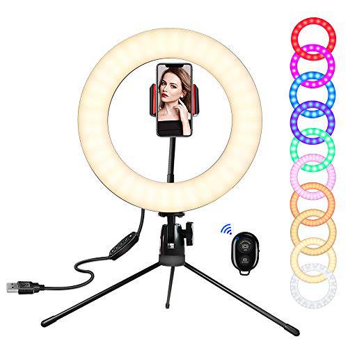 SICCOO 링 라이트, 10 inch LED 디머블, 밝기 조절 가능 RGB 셀피 링 라이트 on 데스트탑 Colorful 메이크업 라이트 with USB for Makeup, 실천하기 Stream/ 유튜브 Video/ Vlogging/ Selfie/ Photography(RGB, 10inch)