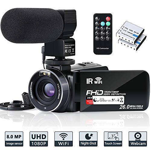 비디오 카메라 캠코더 와이파이 IR 나이트 비전 FHD 1080P 30FPS 유튜브 Vlogging 카메라 레코더 26MP 3.0’’ 터치 스크린 16X 디지털 줌 캠코더 마이크,마이크로폰 리모컨 and 2 배터리 with