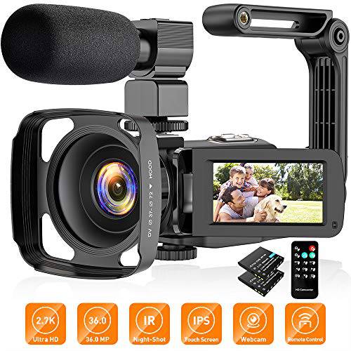 비디오 카메라 캠코더 2.7K, Vlogging 카메라 for 유튜브 울트라 HD 24FPS 36 MP IR 나이트 비전 16X 디지털 Zoom 3.0 터치 스크린, 비디오 카메라 with 마이크,마이크로폰 소형,휴대용 스테빌라이저 렌즈 후드
