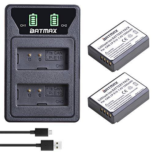 Batmax 2 Packs LP-E10 LP E10 배터리+ led 듀얼 Built-in USB 충전 for 캐논 EOS Rebel T3 T5 T6 T7, EOS 4000D 2000D 1300D 1200D 1100D, Kiss X50 X70 X80 X90 캠