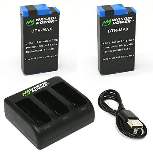 Wasabi 파워 고프로 맥스 배터리 (2-Pack) and USB 트리플 충전, High-Speed 3-Channel 충전 for 고프로 맥스, ACDBD-001, ACBAT-001 (완전히 호환가능한)