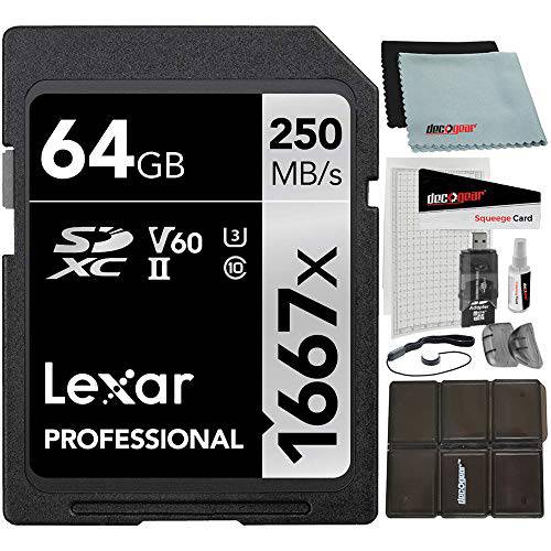 Lexar LSD64GCBNA1667 프로페셔널 SDHC/ SDXC 1667x UHS-II 64GB 메모리 카드 번들,묶음 with 악세사리 Kit 카드 리더,리더기, 케이스, LCD 스크린 커버,  렌즈 클리닝 Kit&  렌즈 캡 Keeper
