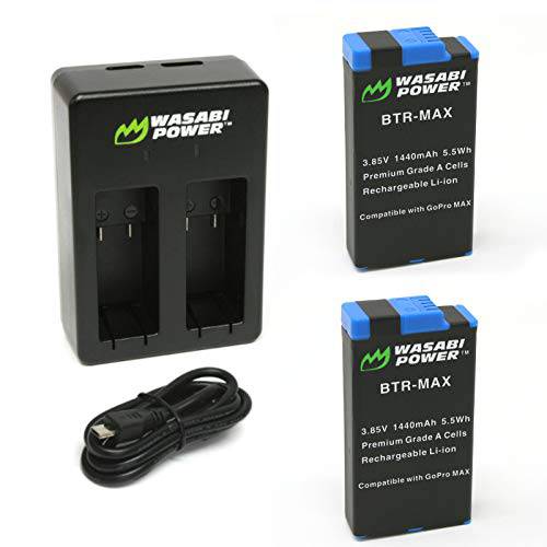 Wasabi Power  고프로 맥스 배터리 (2-Pack) and USB 듀얼 충전 for 고프로 맥스, ACDBD-001, ACBAT-001 (완전 호환가능한)