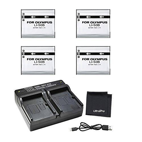 UltraPro 4-Pack LI-50B High-Capacity 교체용 Batteries w/ 고속 듀얼 충전 for 엄선,고급 올림푸스 캠 - UltraPro  번들, 묶음 Includes: Deluxe 극세사 클리닝 Cloth