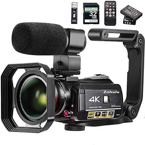 비디오 카메라 4K 캠코더 ZOHULU  와이파이 울트라 HD 브이로그 카메라 유튜브, 3.1’’ IPS 스크린 30X 디지털 줌 나이트 비전 비디오 레코더 마이크,마이크로폰, 와이드 렌즈, 렌즈 후드, 32GB SD 카드, 2 Bat
