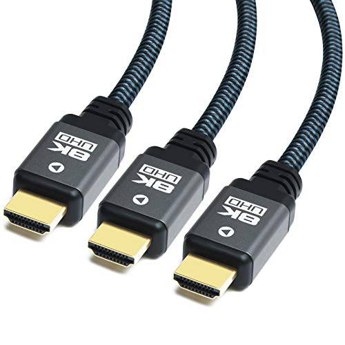 8K HDMI 케이블 6ft (3 팩) 고속 48Gbps HDMI 2.1 케이블, 듀러블 나일론 Braided, 지원 8K@60Hz, 4K@120Hz, 10K, 2K, HD, 3D, 다이나믹 HDR, HDCP 2.2, 4:4:4, eARC, 100% 리얼 8K 퀄리티 (6ft, 3 팩)