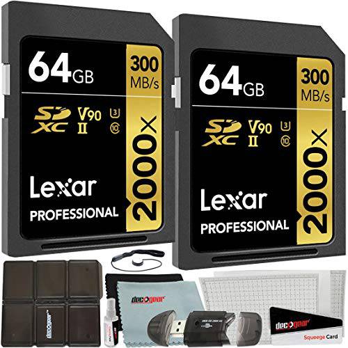 Lexar  팩 of 2 프로페셔널 2000x 64GB (128GB Total) SDXC UHS-II 메모리 카드 (LSD2000064G-BNNNU) 번들,묶음 w/ 데코 기어 악세사리 키트 포함 리더, 리더기&  케이스+  스크린 커버+  극세사 천& More
