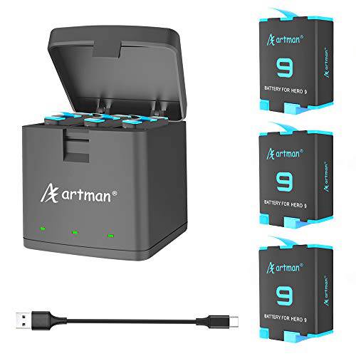 Artman 3-Pack 교체용 배터리 and 3-Channel USB 스토리지 퀵 충전기 고 프로 히어로 9 블랙, 완전 호환가능한 고프로 히어로 9 Original, 오리지날 배터리 and 충전기 (1800mAh)