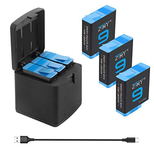 ZTHY 3-Pack 히어로 9 교체용 배터리 and 3-Channel USB 퀵 충전기 Type-C 케이블 호환가능한 고프로 히어로 9 블랙 AHDBT-901 (완전 호환가능한 고프로 9 배터리 and 충전기)