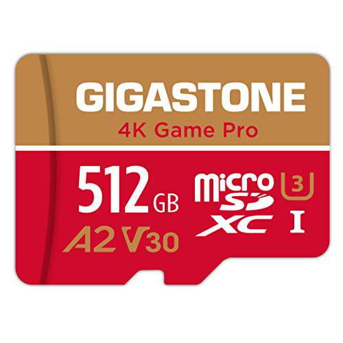 Gigastone 512GB 마이크로 SD 카드, 4K 게임 프로, Nintendo-Switch 호환가능한, A2 Run 어플, 4K 비디오 레코딩, R/ W up to 100/ 60MB/ S, 마이크로 SDXC UHS-I A2 V30 Class 10