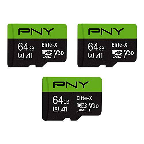 PNY 64GB Elite-X Class 10 U3 V30 microSDXC 플래시 메모리 카드 3-Pack - 100MB/ S, Class 10, U3, V30, A1, 4K UHD, 풀 HD, UHS-I, 마이크로 SD