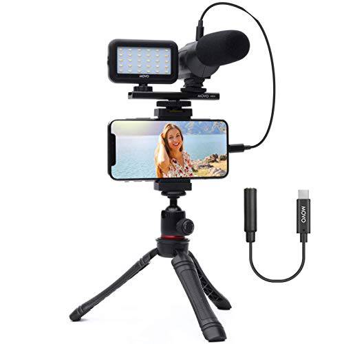 Movo iVlogger- 아이폰 안드로이드 USB Type-C 호환가능한 Vlogging 키트 폰 비디오 키트 악세사리: 폰 삼각대, 폰 마운트, LED 라이트 and 핸드폰 샷건 마이크,마이크로폰 유튜브, 브이로그