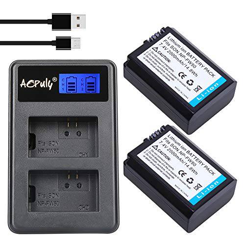 AOPULY 2-Pack 교체용 NP-FW50 배터리&  스마트 LCD 디스플레이 듀얼 채널 충전기 호환가능한 소니 알파 a6500, a6300, a6000, a7s, a7, a7s II, a7s, a5100, a5000, a7r, a7 ii 카메라