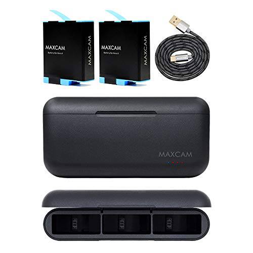 MAXCAM 2-Pack 교체용 배터리 and 트리플 충전기 고프로 히어로 9 블랙
