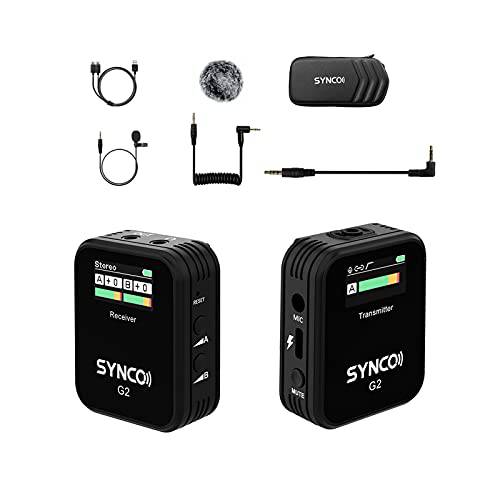 SYNCO G2(A1) 2.4GHz 무선 라발리에 마이크,마이크로폰 시스템, 송신기 리시버, 230ft/ 70 Los 전송, One-Button 음소거 스위치 카메라 DSLR 스마트폰