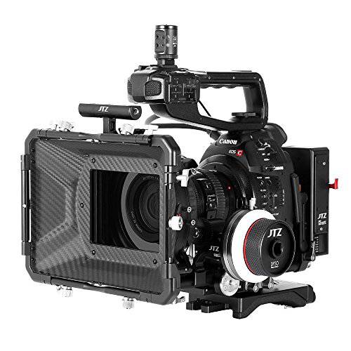JTZ DP30 카메라 케이지 범용 15mm 레일 로드 베이스플레이트 리그+ 4×4 카본 파이버 매트 박스+ 팔로우 포커스+ 파워 서플라이 (LE 버전) 캐논 시네마 EOS C100 C300 C500 Mark II 2 비디오 카메라