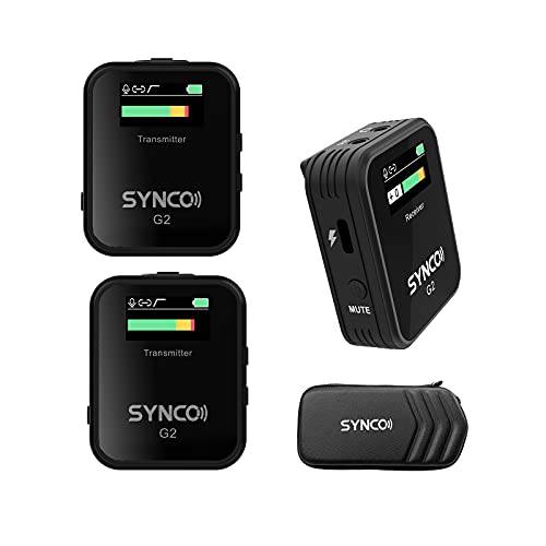 SYNCO G2(A2) 2.4GHz 디지털 콘덴서 마이크,마이크로폰 시스템 1 리시버 and 2 송신기, 492ft/ 150m 전송 레인지 150Hz 선택 로우 Cut 스마트폰 DSLR 카메라