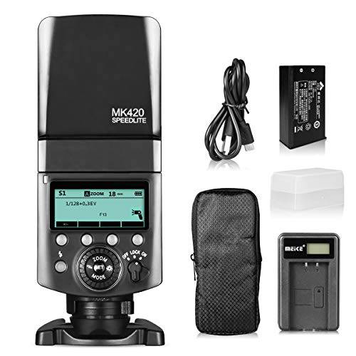 Meike MK420N TTL Li-ion 배터리 카메라 플래시 스피드라이트 LCD 디스플레이 호환가능한 니콘 D850 D810 D3400 D3300 Z6 Z7 and Other DSLR 카메라+  리튬 배터리+ 디퓨저+ 배터리 충전기
