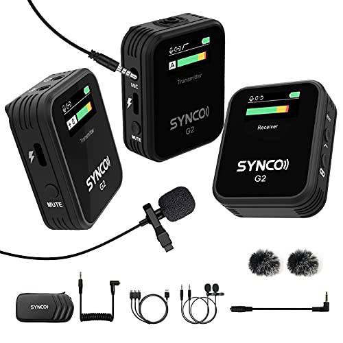 SYNCO G2(A2) 2.4GHz-Wireless-Lavalier-Microphone-System TFT 스크린 1 Receiver，2 송신기/ 2 외장 Lav-Mic, 로우 Cut 필터 기능 DSLR 카메라 캠코더 스마트폰 and 태블릿 LP레코드