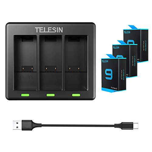 TELESIN 3-Pack 교체용 배터리 (1750mAh) and 3-Channel USB 퀵 충전기 Type-C 케이블 고프로 히어로 9 블랙 (완전 호환가능한 고 프로 9 Original)