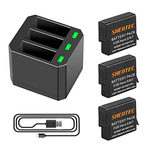 Shentec 고프로 히어로 5/ 6/ 7 1500mAh 배터리 3Packand LCD 듀얼 USB 충전기 호환가능한 고프로 히어로 7 블랙, 히어로 6, 히어로 6 블랙, 히어로 5, HERO5 블랙, 히어로 (2018), 고프로 AHDBT-501 배터리