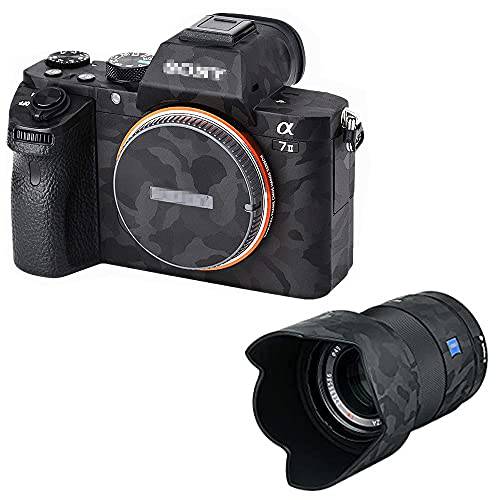A7II A7RII A7SII+ FE 55mm 1.8 : 카메라 바디 커버+  렌즈 스킨 커버 보호 (카모플라쥬 블랙) 소니 FE 55mm F1.8 ZA SEL55F18Z 렌즈 on A7II A7RII A7SII