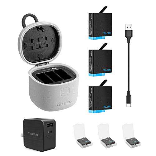 TELESIN 3-Pack 배터리 and 3-Channels USB 충전기 고프로 히어로 8, 히어로 7 블랙, 히어로 (2018), 히어로 6 and 히어로 5 블랙 QC 3.0 어댑터, 리튬 배터리 프로텍트 박스 악세사리