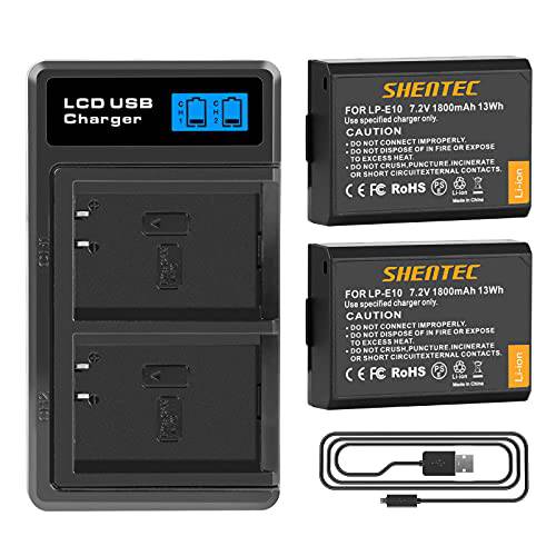 Shentec LP-E10 배터리 (2 팩) and LCD 듀얼 USB 충전기 호환가능한 캐논 LP-E10 캐논 EOS Rebel T3 T5 T6 T7 Kiss X50 Kiss X70 EOS 1100D EOS 1200D EOS 1300D EOS 2000D EOS 4000D
