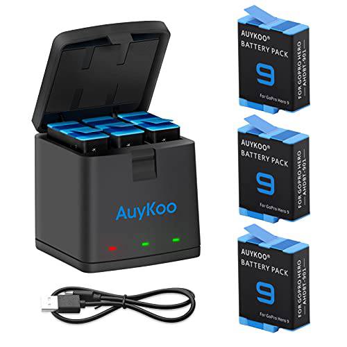 AuyKoo 히어로 9 교체용 배터리 3 팩 and 스토리지 배터리 충전기 고프로 히어로 9 블랙, 3-Channel 배터리 충전 박스 3 충전식 배터리+ 타입 C 케이블 고프로 히어로 9 블랙