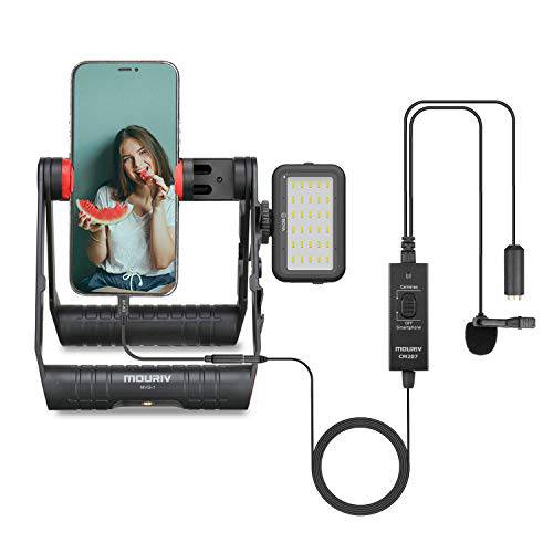 MOURIV VK-R1X 폴더블 스마트폰 비디오 리그 3.5mm 라발리에 마이크,마이크로폰, Led 라이트, 소형,휴대용 스테빌라이저 Filmmaking 케이스 삼각대 마운트 iPhone12 11 프로 맥스 Xs 8 플러스 화웨이 삼성 안드로이드 폰