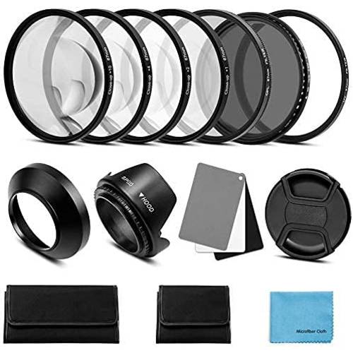 55mm 렌즈 필터 악세사리 Kit:UV CPL 조절가능 ND Filter(ND2-ND400), 매크로 클로즈 up 필터 세트(+ 1,+ 2,+ 4,+ 10), 렌즈 후드, 3 in 1 그레이 카드 캐논 니콘 소니 펜탁스 올림푸스 후지 DSRL 카메라